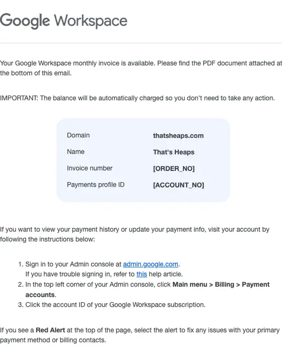 Google Workspace invoice email