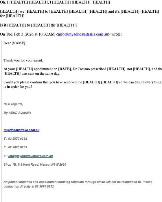 My ADHD Australia appointment email