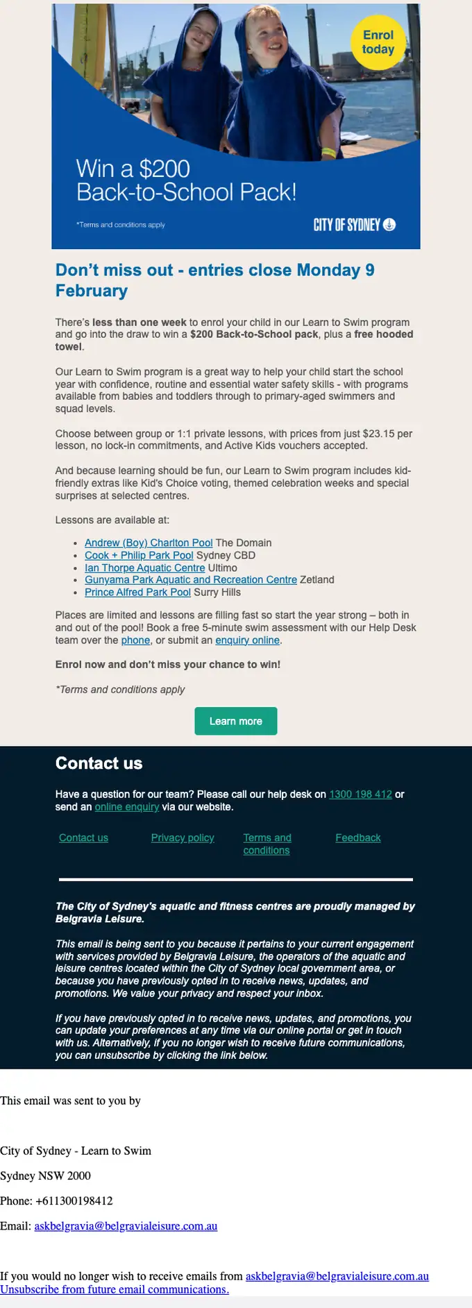 City of Sydney - Learn to Swim promotional email, full length