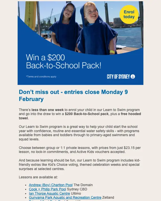 City of Sydney - Learn to Swim promotional email