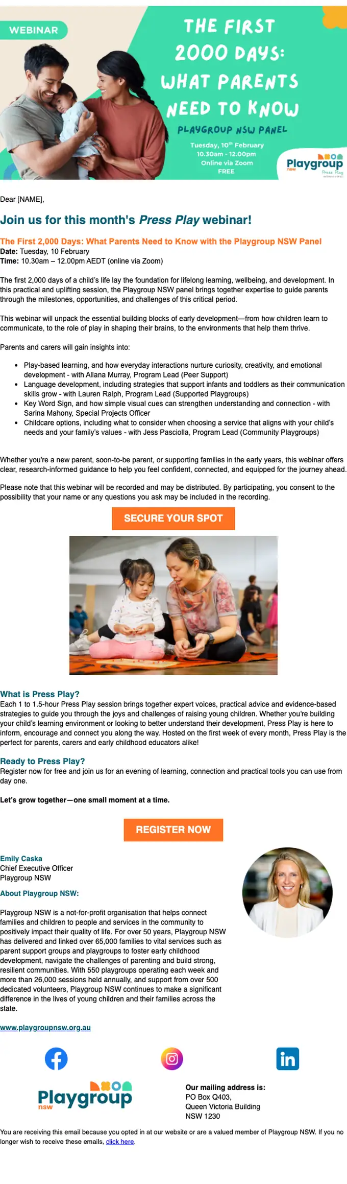 Playgroup NSW webinar email, full length
