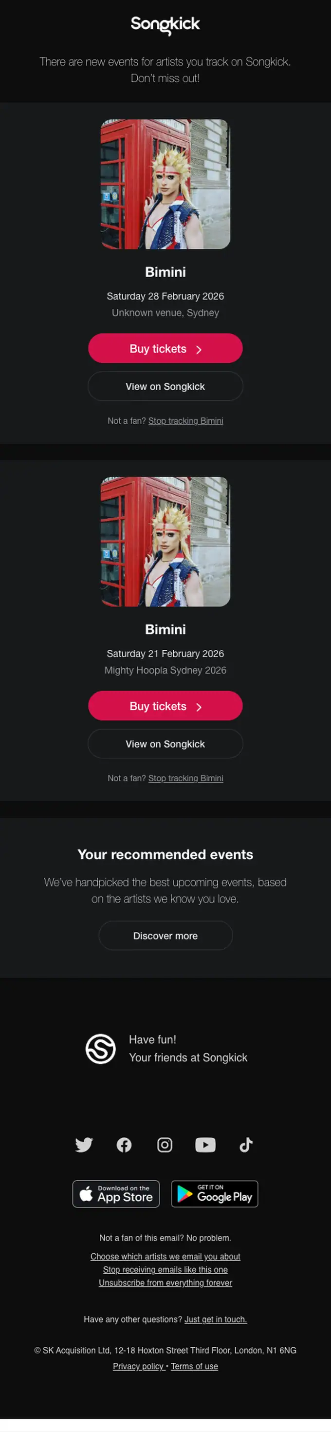 Songkick promotional email, full length
