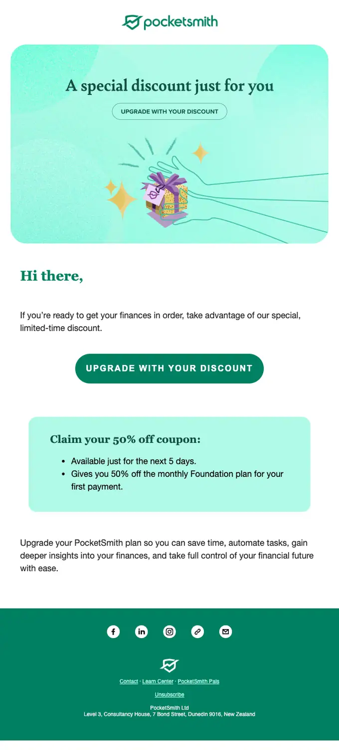 PocketSmith discount offer email, full length