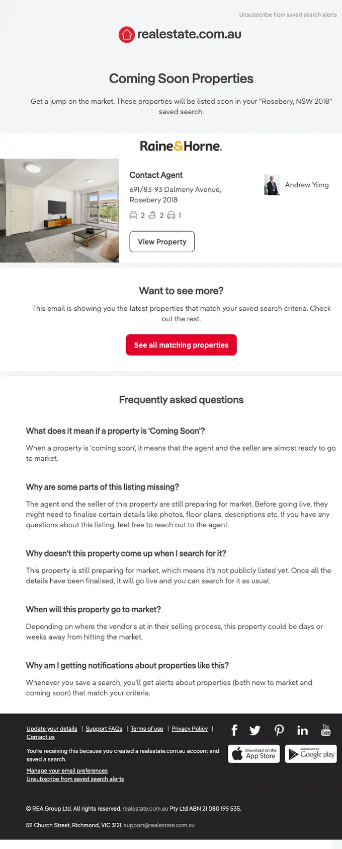 realestate.com.au job alert email, full length