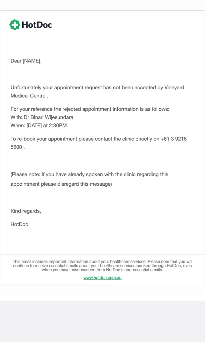 HotDoc appointment email, full length