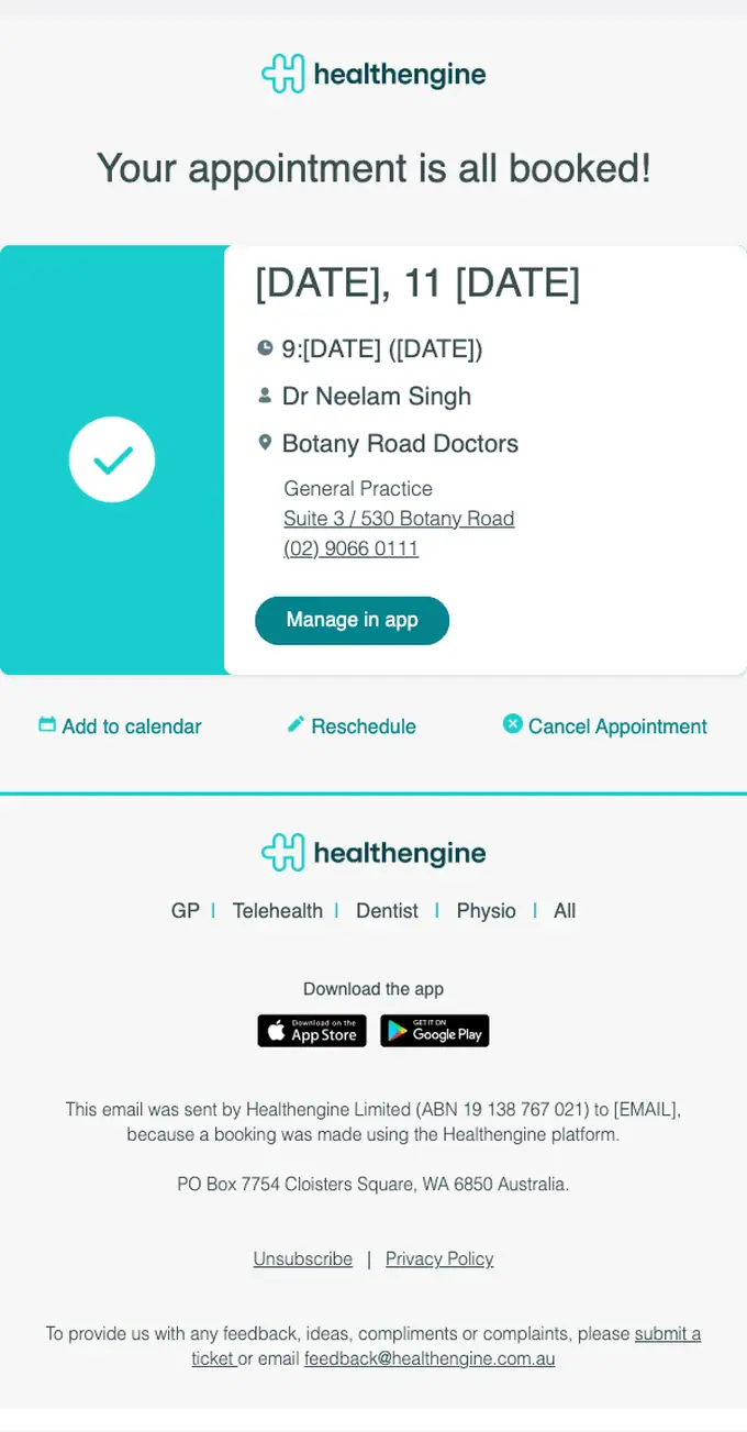 Healthengine booking confirmation email, full length
