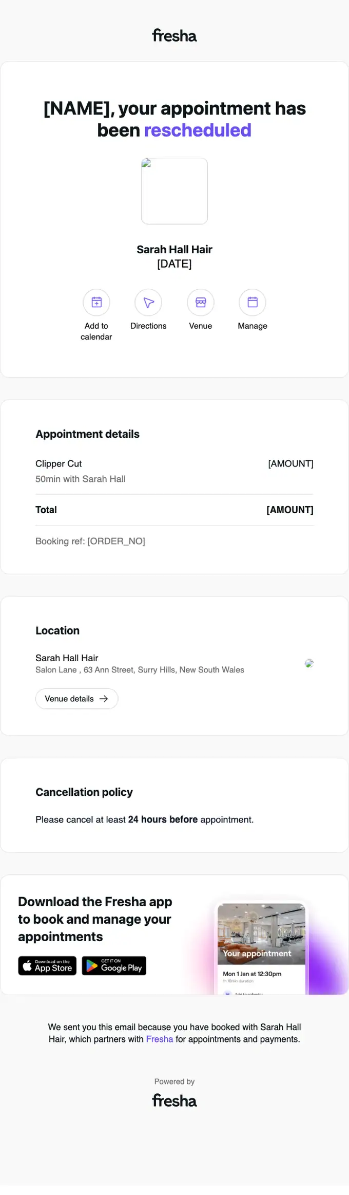 Sarah Hall Hair appointment email, full length