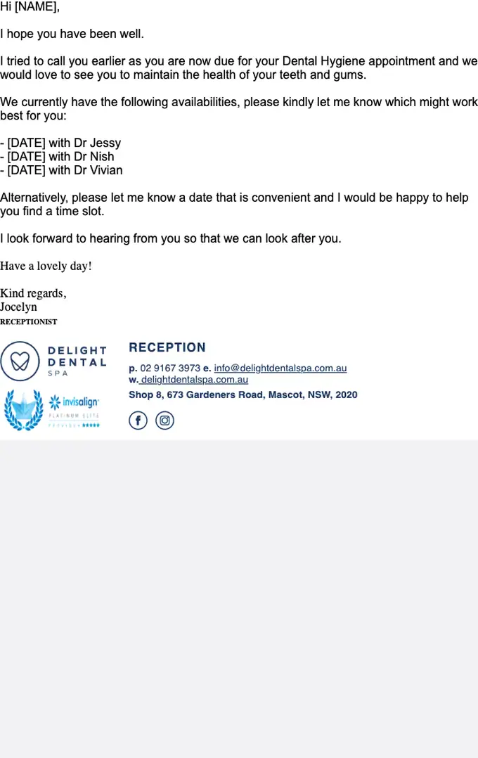 Delight Dental Spa appointment email, full length