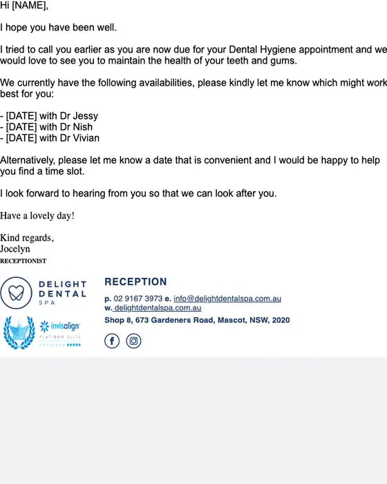 Delight Dental Spa appointment email