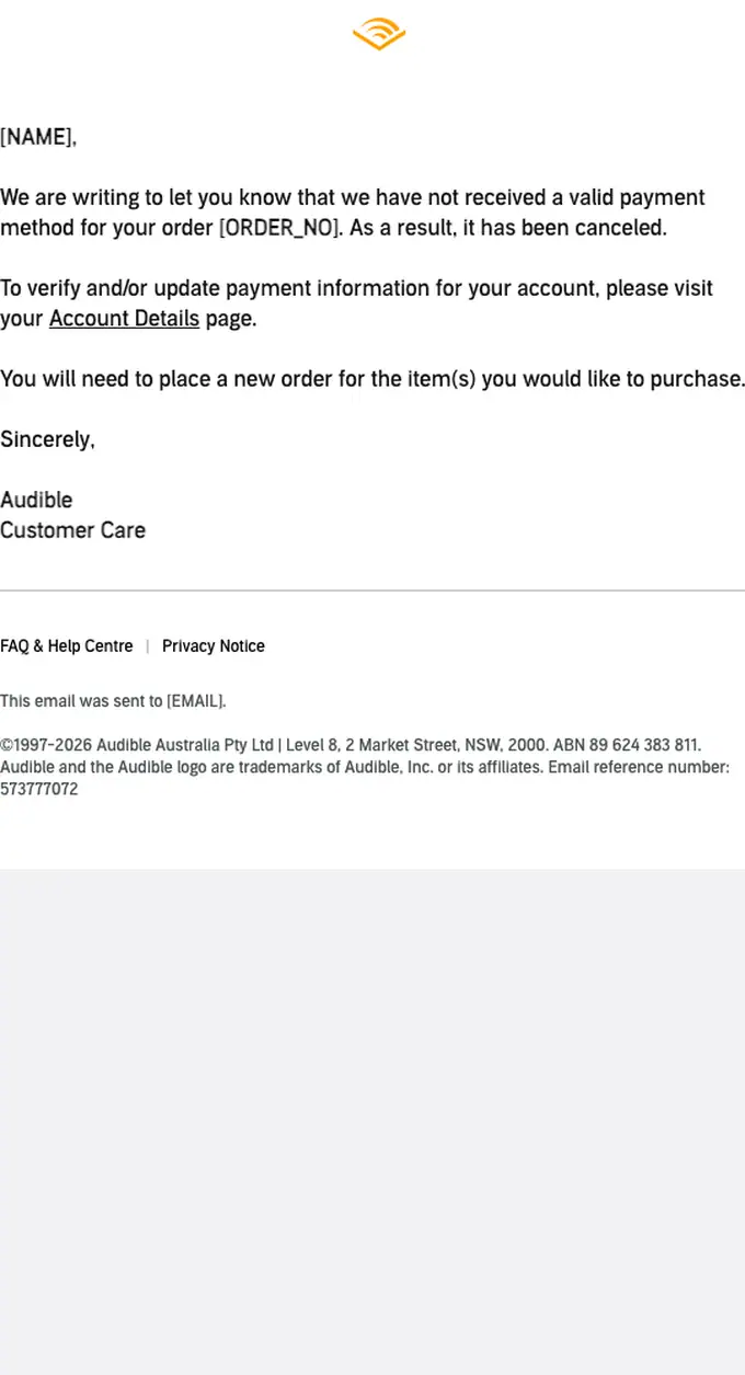 Audible.com.au account notice email, full length