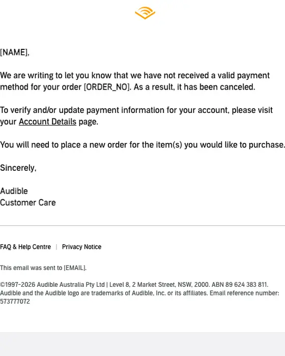 Audible.com.au account notice email