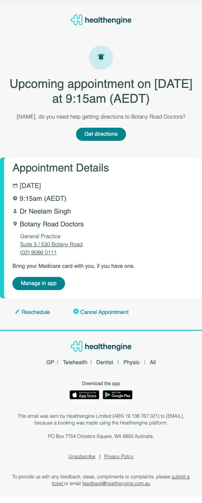 Healthengine appointment email, full length