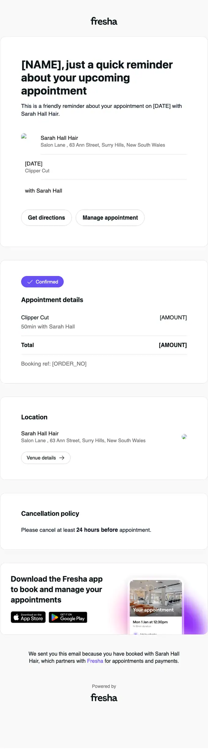 Sarah Hall Hair appointment email, full length