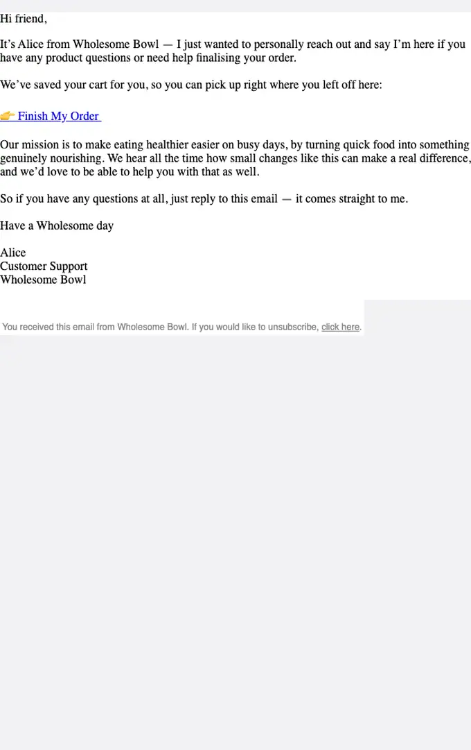 Wholesome Bowl abandoned cart email, full length