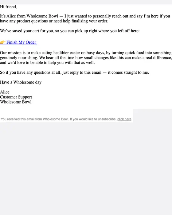 Wholesome Bowl abandoned cart email