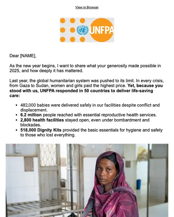 UNFPA thank you email: Your 2025 impact: 6.2M reached and 482,000 safe births