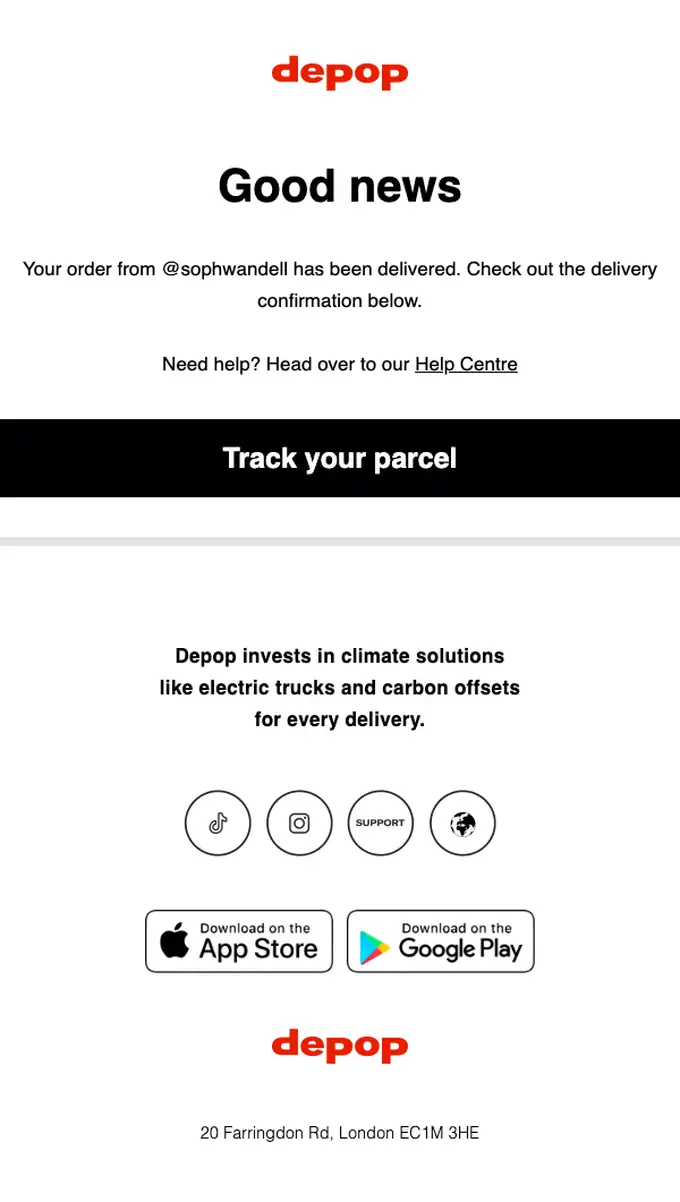 Depop delivery email, full length