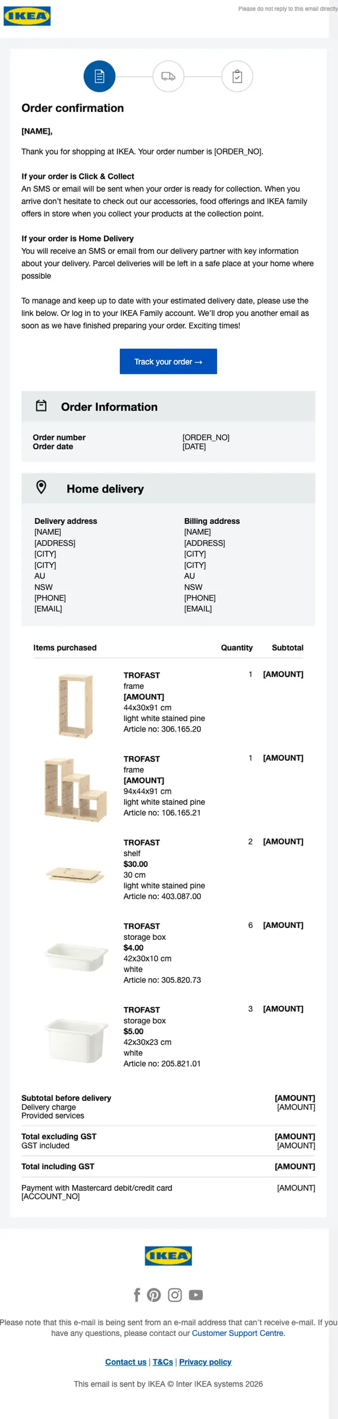 IKEA order confirmation email, full length