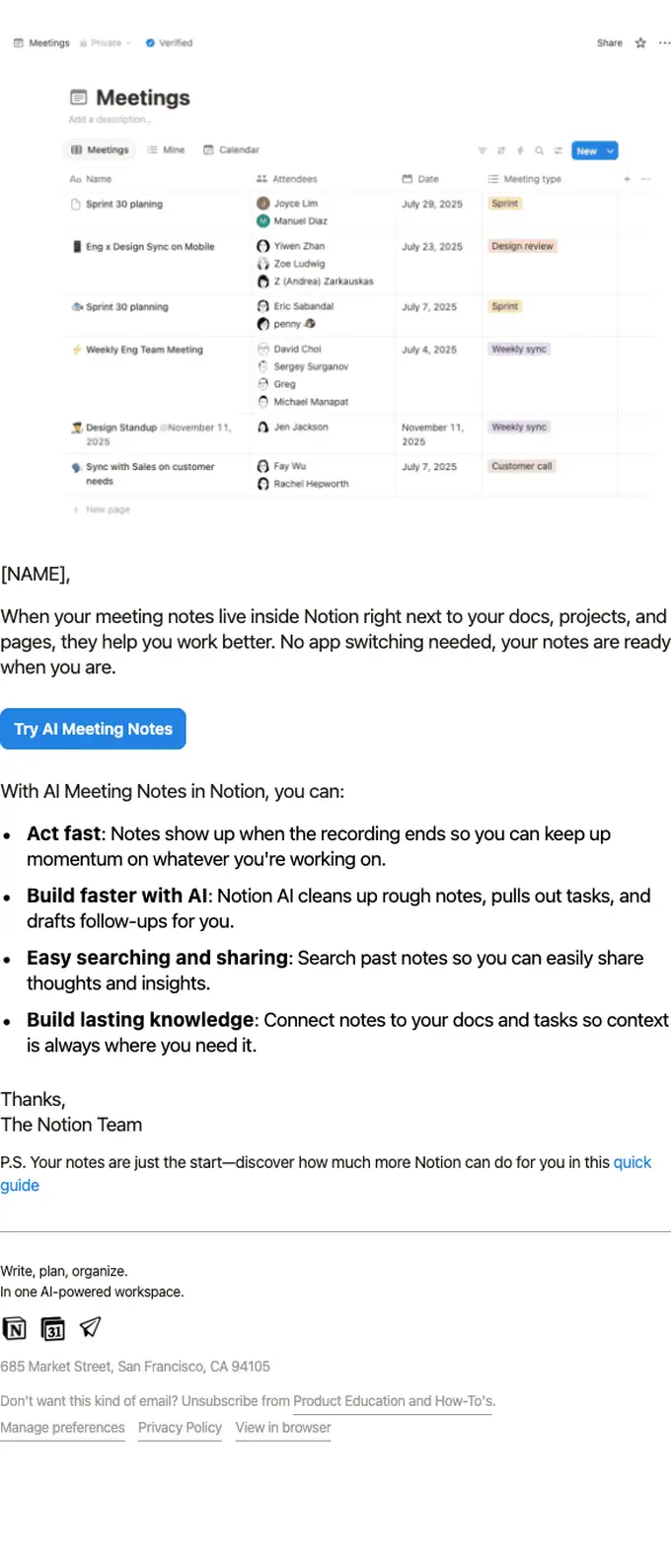 Notion promotional email, full length