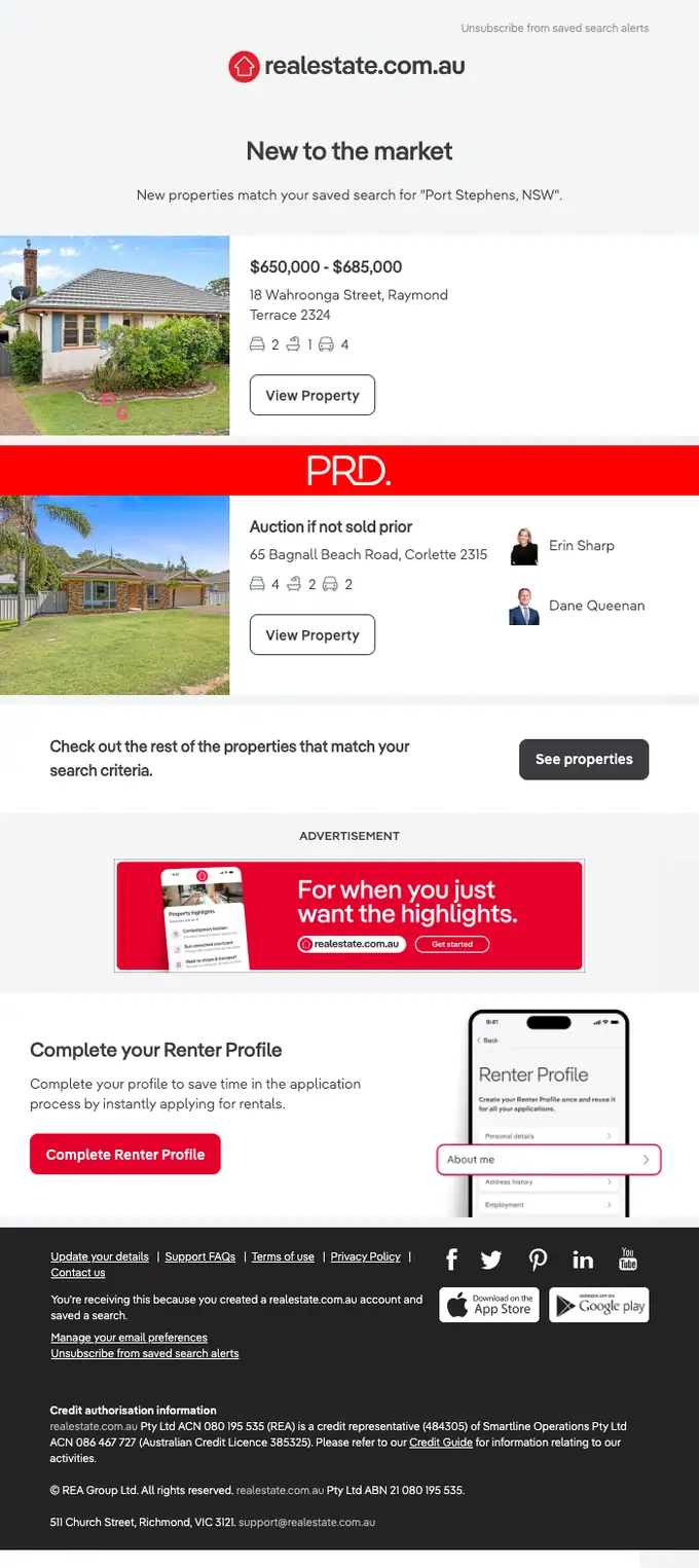 realestate.com.au job alert email, full length
