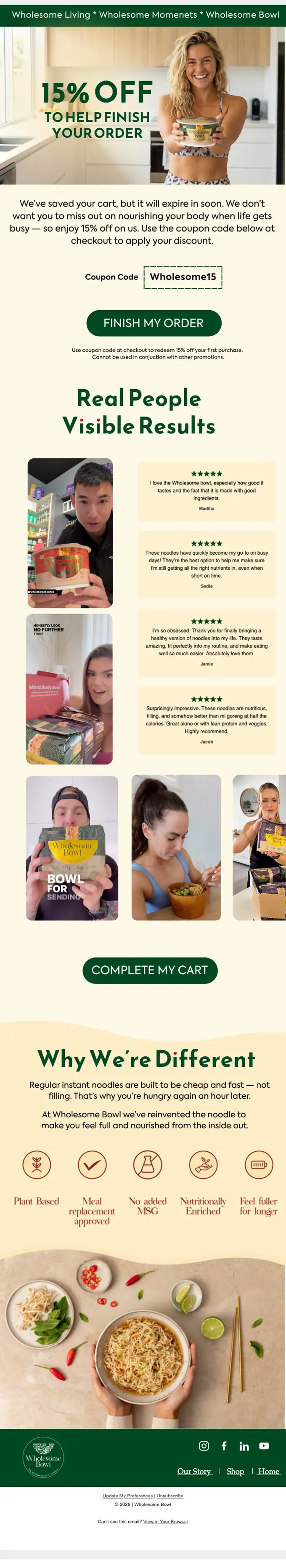 Wholesome Bowl abandoned cart email, full length