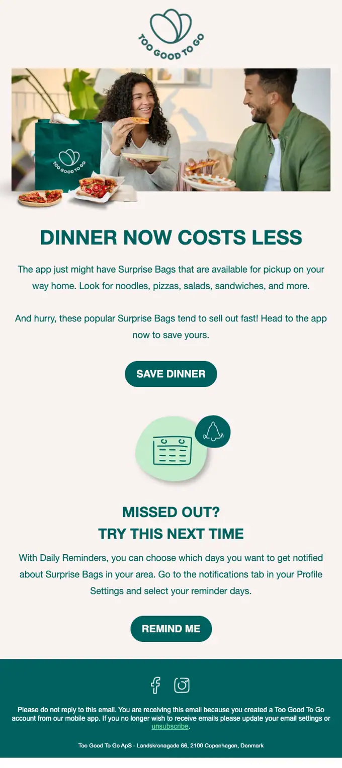 Too Good To Go order reminder email, full length