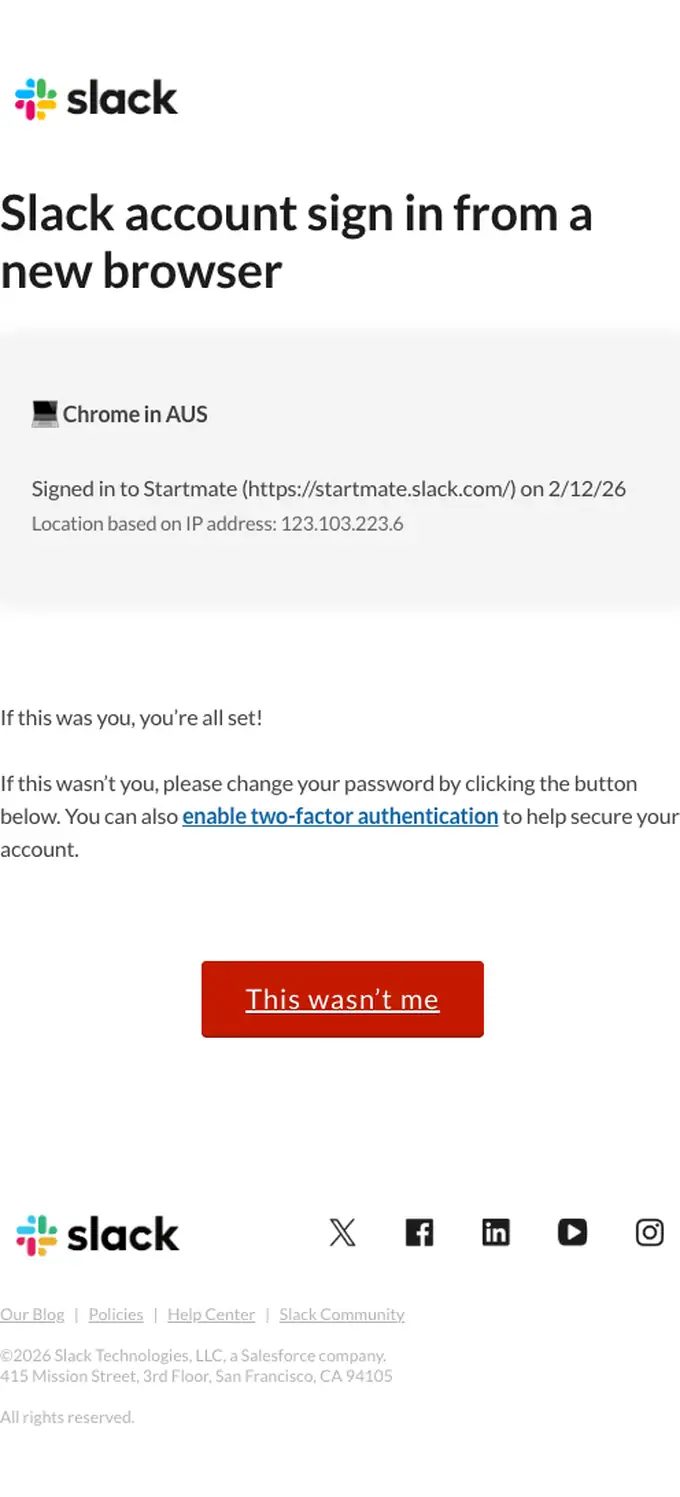 Slack security alert email, full length