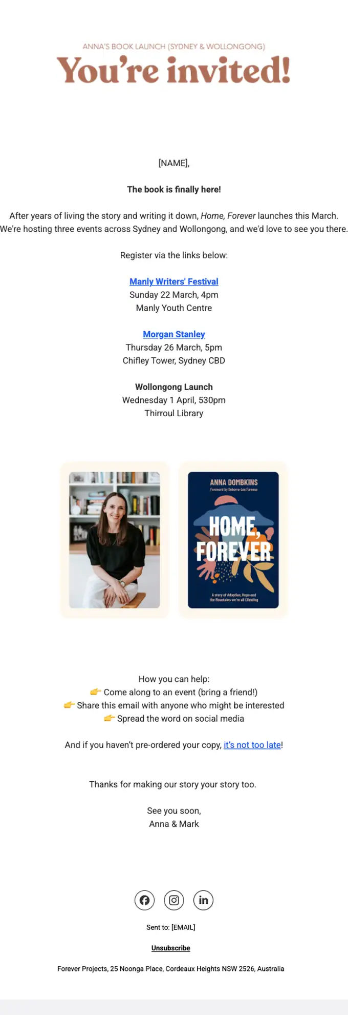 Forever Projects event invite email, full length