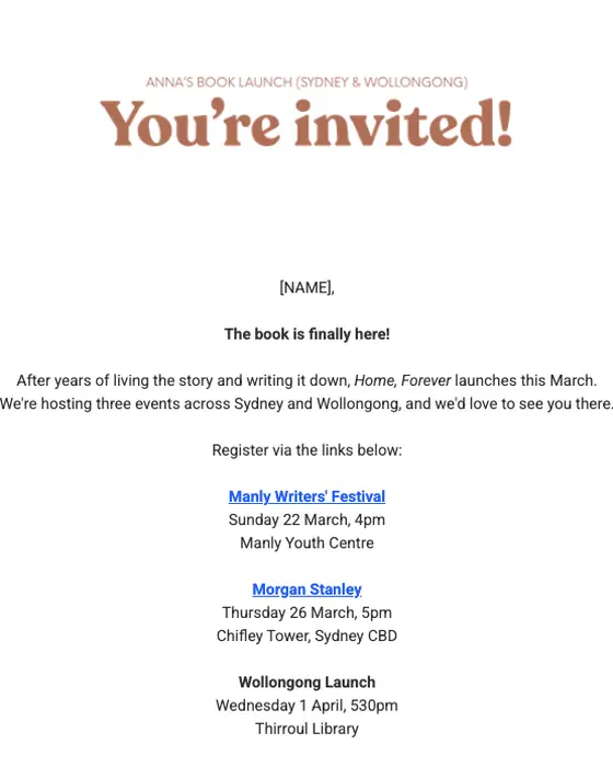 Forever Projects event invite email