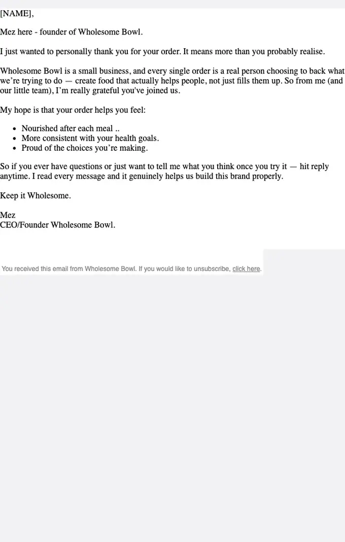 Wholesome Bowl thank you email, full length