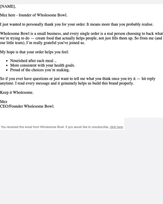 Wholesome Bowl thank you email