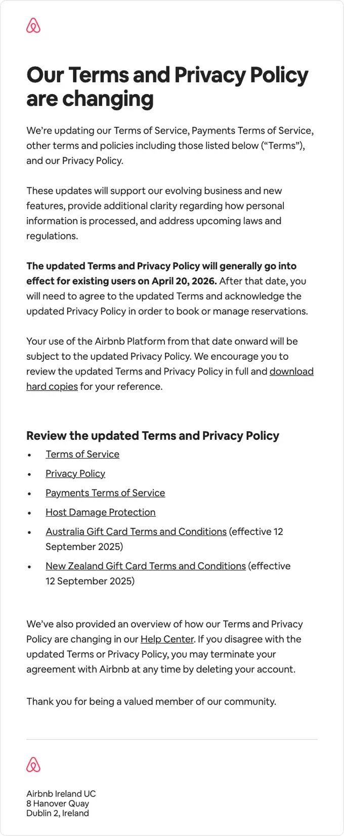 Airbnb account notice email, full length