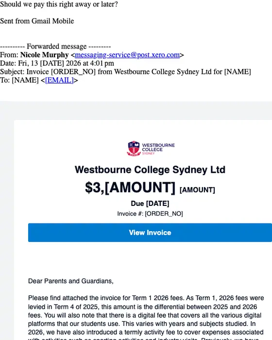 Westbourne College Sydney Ltd invoice email