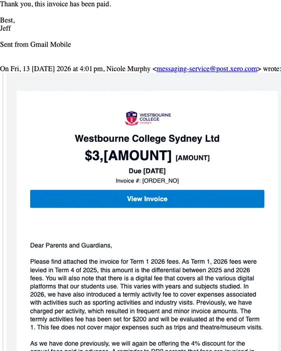 Westbourne College Sydney Ltd invoice email