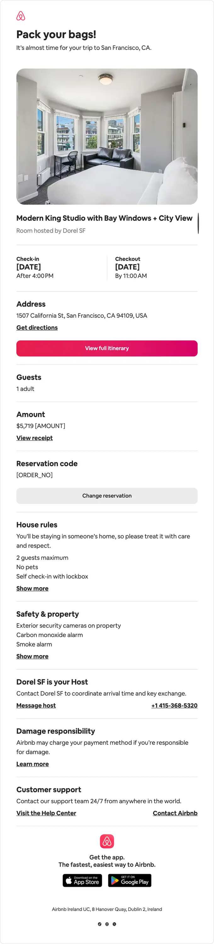 Airbnb reservation email, full length