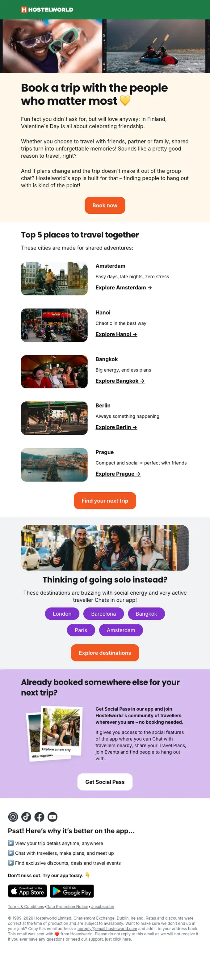 Hostelworld promotional email, full length