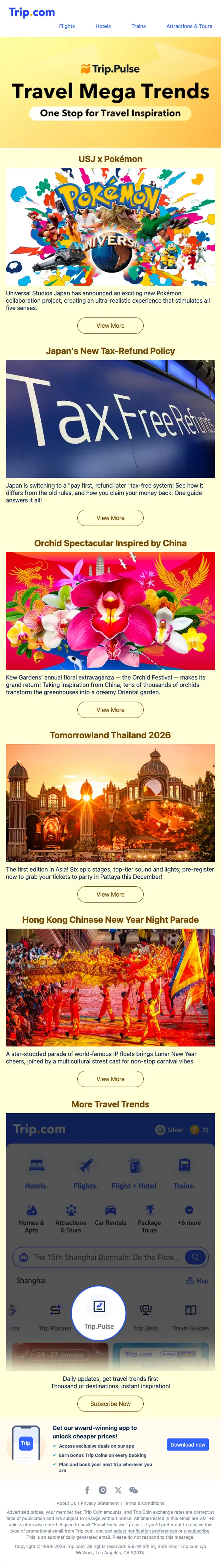 Trip.com newsletter email, full length