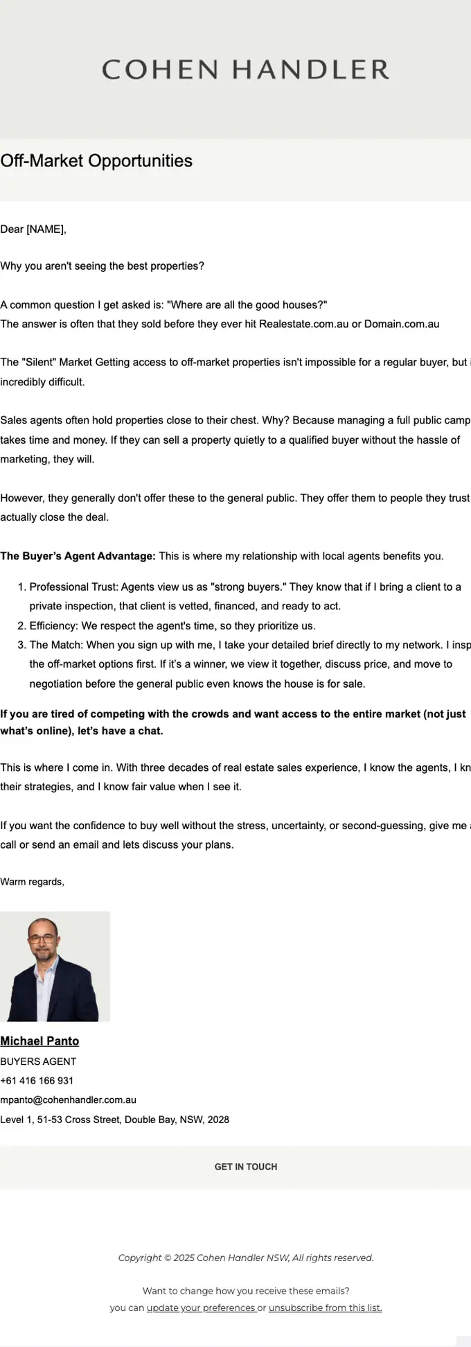 Cohen Handler NSW promotional email, full length