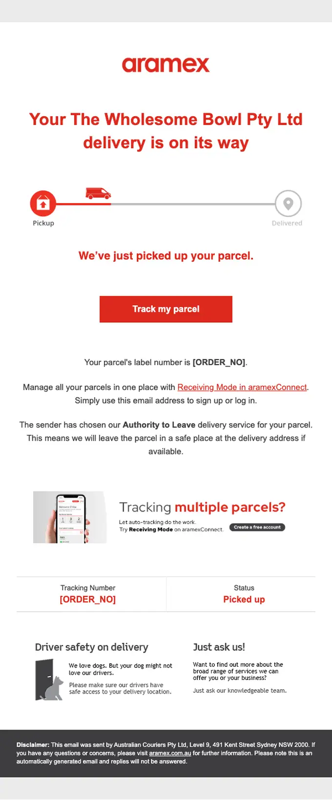 Aramex shipping email, full length