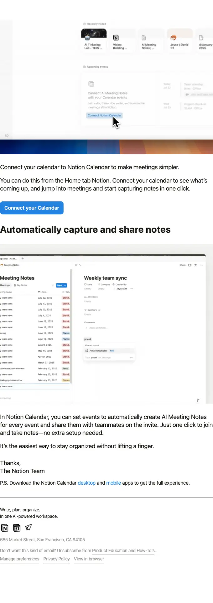 Notion product launch email, full length