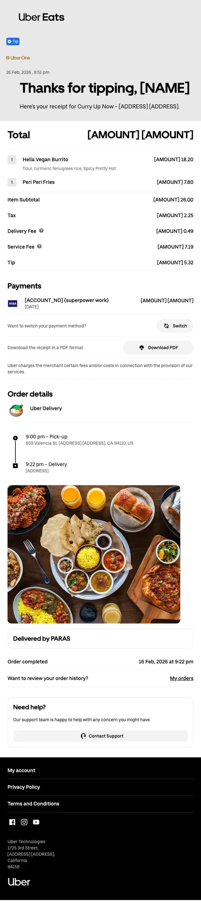 Uber receipt email, full length