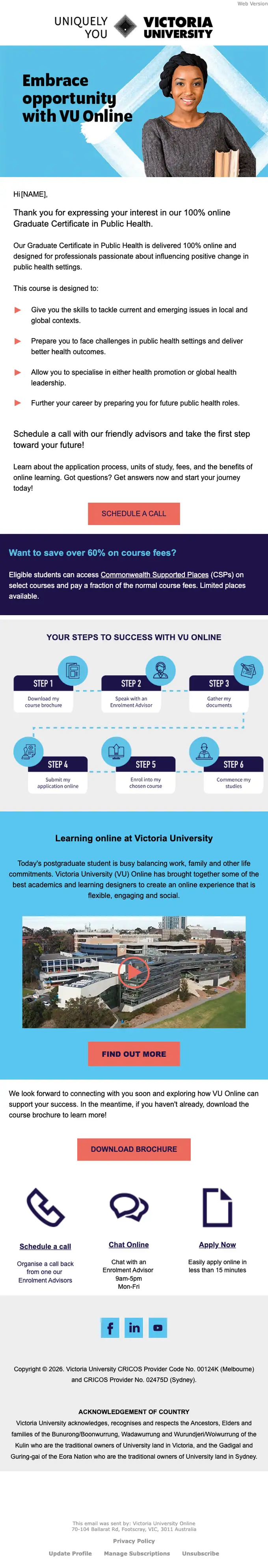 Victoria University Online promotional email, full length