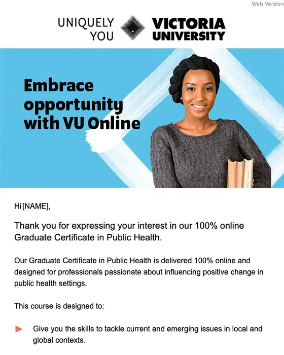 Victoria University Online promotional email