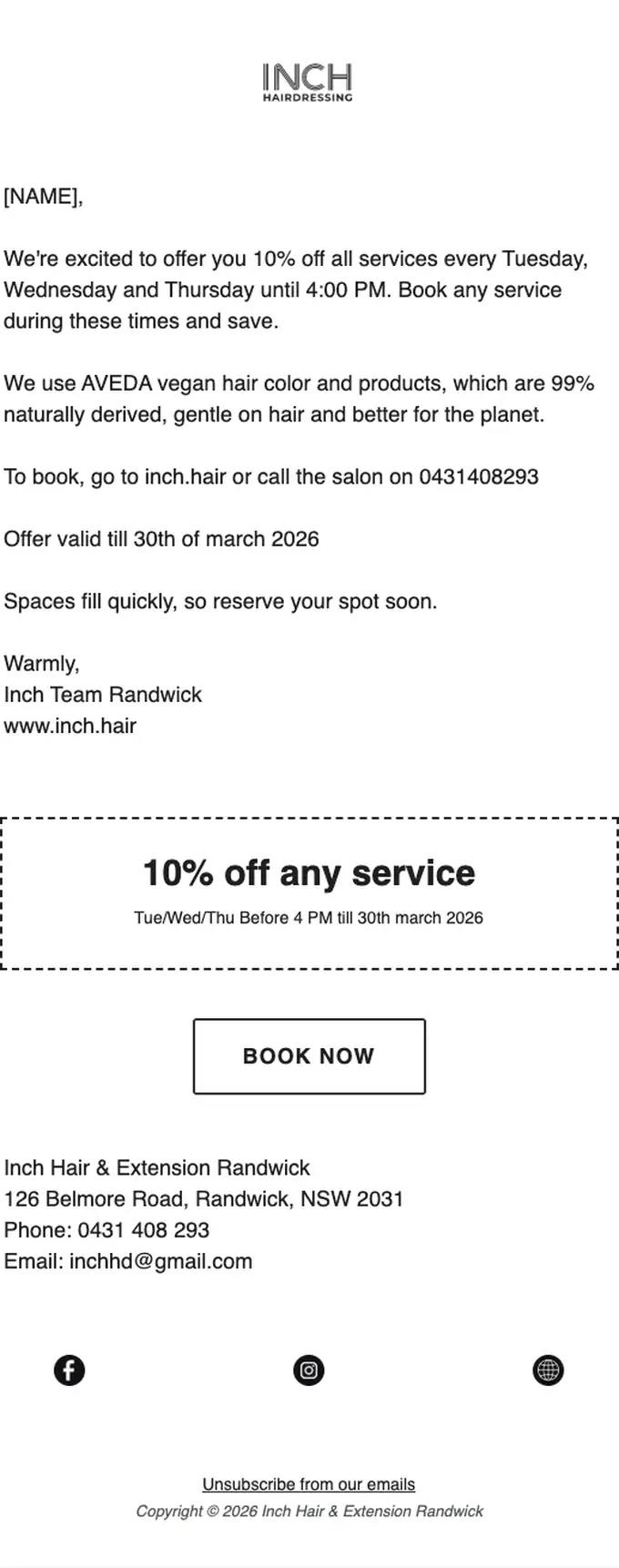 Inch Hair & Extension Randwick discount offer email, full length