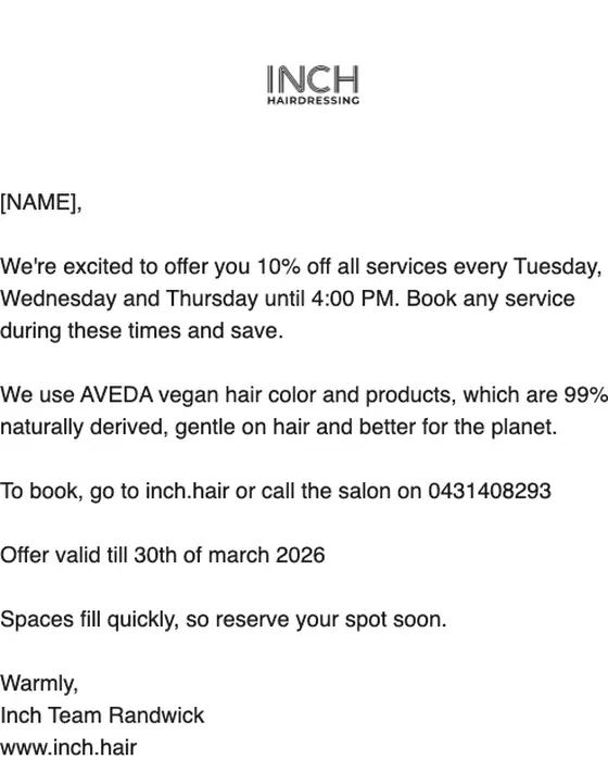 Inch Hair & Extension Randwick discount offer email