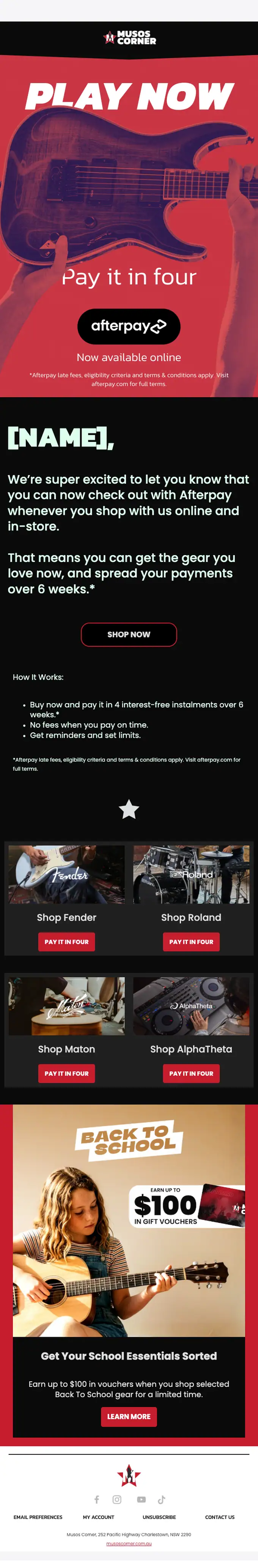Musos Corner promotional email, full length