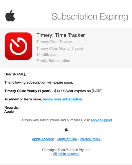 Apple expiration notice email