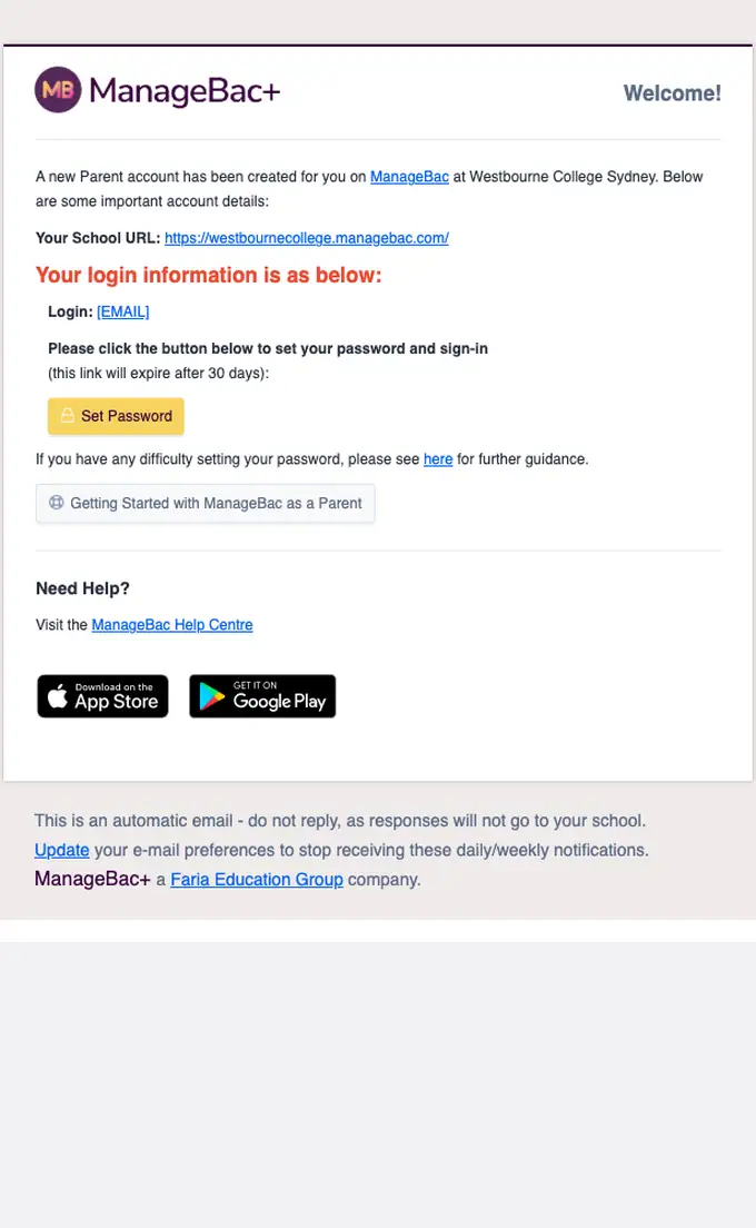 ManageBac welcome email, full length