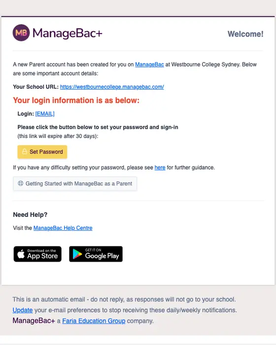 ManageBac welcome email