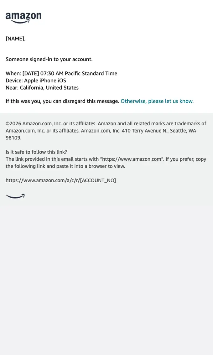 Amazon security alert email, full length